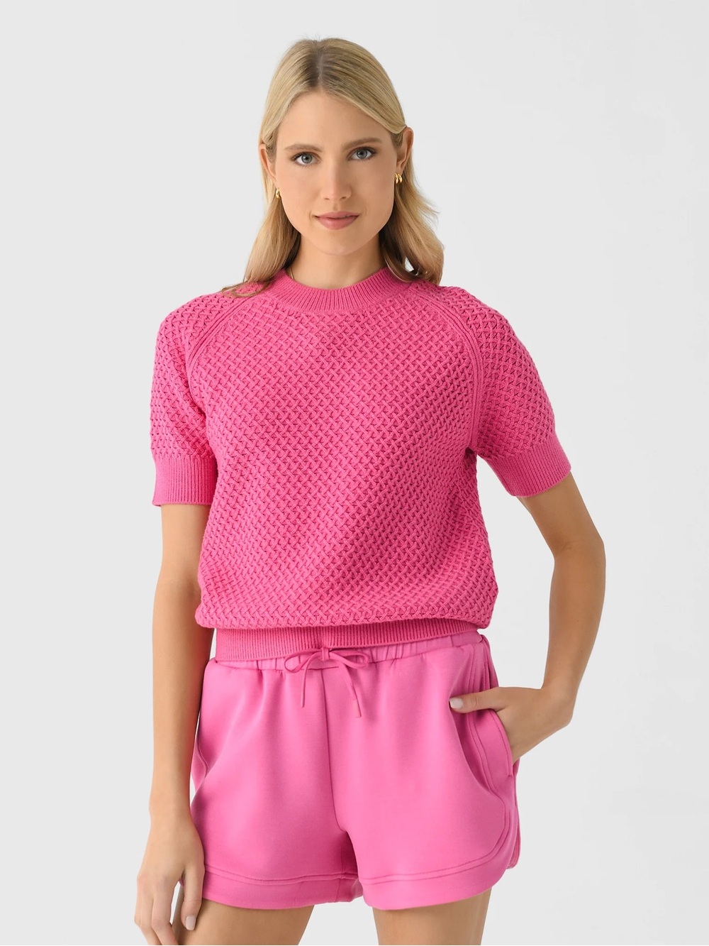 Varley Lucy Knit Pink Textured Short-Sleeve Crewneck Top